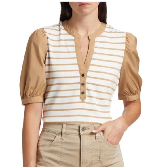 VERONICA BEARD Kellie Tan/White Striped Puff-Sleeve Top NWT XL - Picture 2 of 9